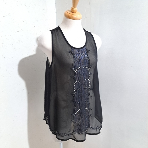 temperance Tops - Temperance | Black sheer beaded sleevless shirt